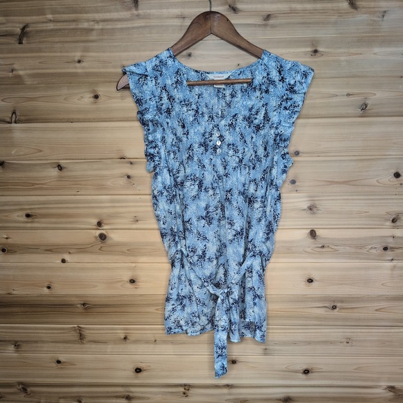 Sundance Tops - Sundance Blue White Floral 100% Silk Ruffle Cap Sleeve Tie Waist Blouse Medium